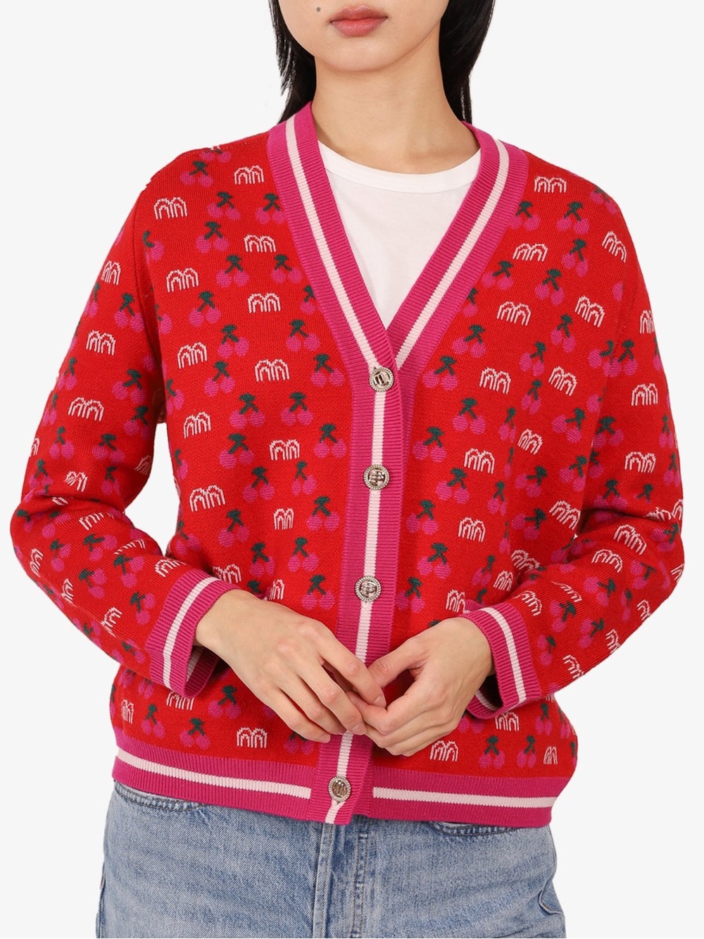 Maje March Cherry Jacquard Knit Cardigan in Red